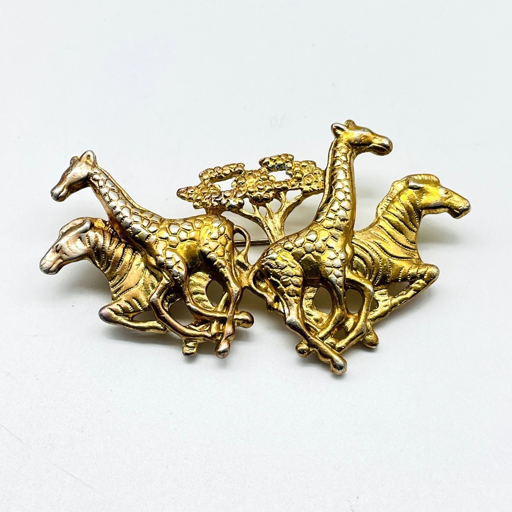 Vintage Signed AJC Brooch Giraffe Zebra Stampede Gold Tone Safari Animal Pin